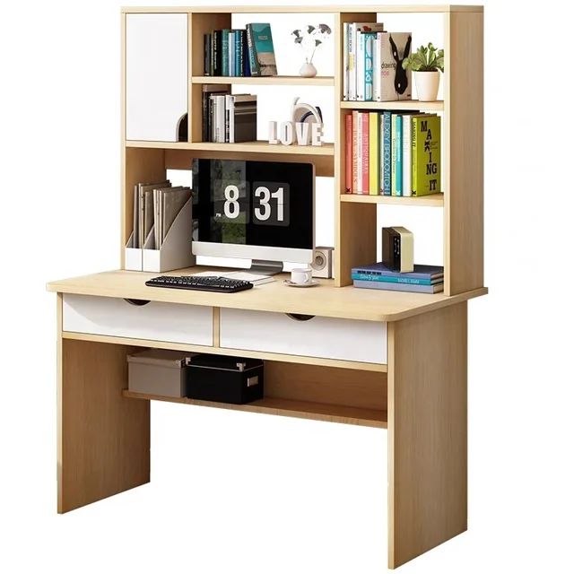 2021 Hot Selling Wooden Computer Desk with Bookshelf Student Study Desk with 2 Drawers