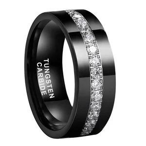Coolstyle Jewelry 8mm Pipe Cut CZ Stone Inlay Black Tungsten Carbide Ring for Men Women Eternity Fashion Engagement Wedding Band
