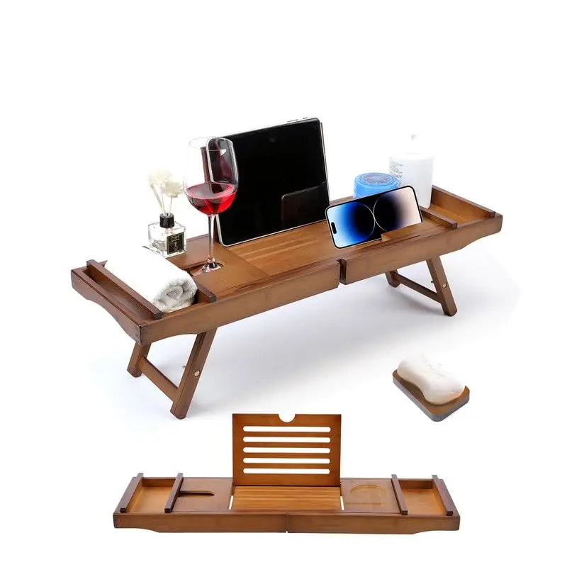 Luxury Natural Bamboo Expandable Desktop Bathtub Tray Waterproof Foldable Feet Rack Elegant SPA Gift for Families