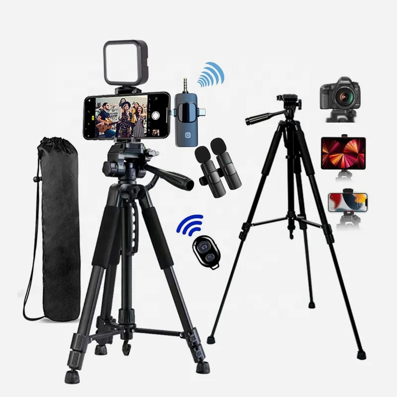 57'' Tripod Stand in Wireless Microphone LED Light Video Vlogging Kit  for TikTok Starter Phone Camera Live Recording