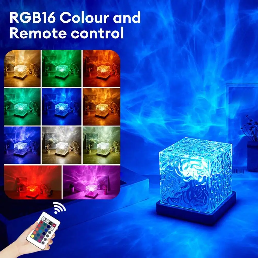 USB Projector Cube Remote Control 16 Colors Ocean Wave Sensory Light 30 Lighting Modes Wave Lamp for Bedroom