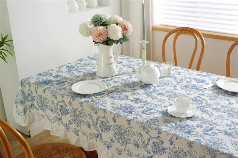 Custom Round Rectangle Embroidered Cotton Tables Covers Luxury Blue White Floral Ruffle Tablecloths Dining Table Cloths for Home