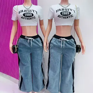 Huilil Manufacturer Custom Logo Casual Cotton Short Sleeve Crop Tee & Baggy Pants Summer Two Piece Women's Pants and Top Set