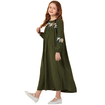 Wholesale Children's Wear Girl Green Turkish Embroidered Long Sleeve Muslim Casual Dresses For Islamic Clothing