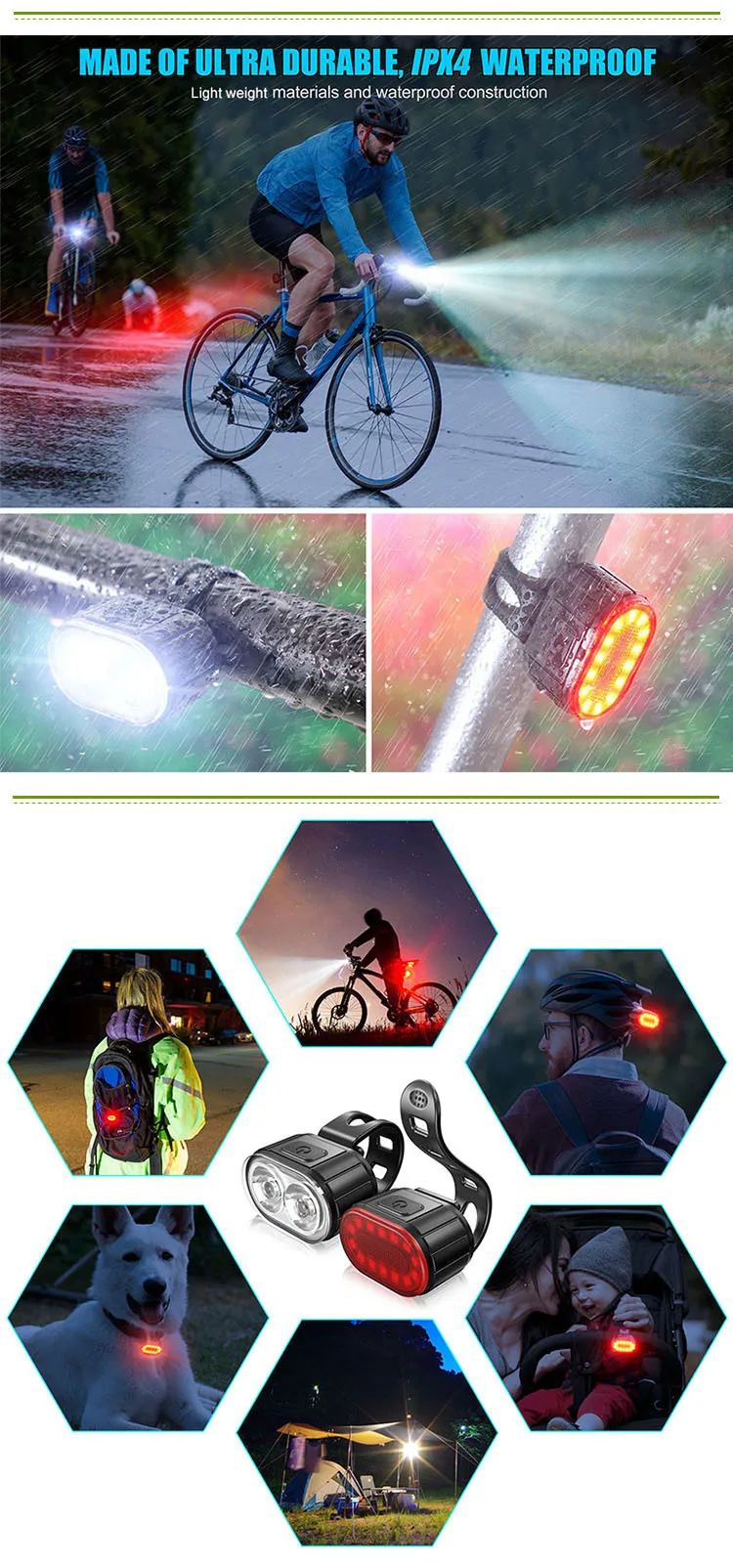 Waterproof usb rechargeable bicycle led rear head tail handle bar lights set front and back bike accessories light flashlight details