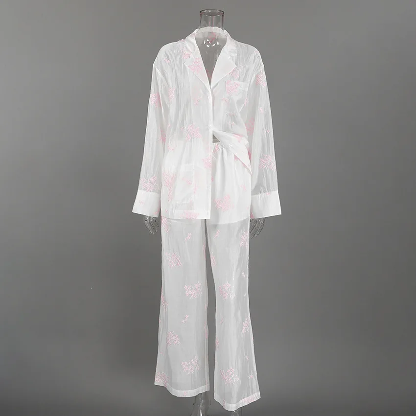 Womens Embroidered Pajama Set Long Sleeve Lapel Wide Leg Pants Smooth Quick Dry Autumn Loungewear — detail