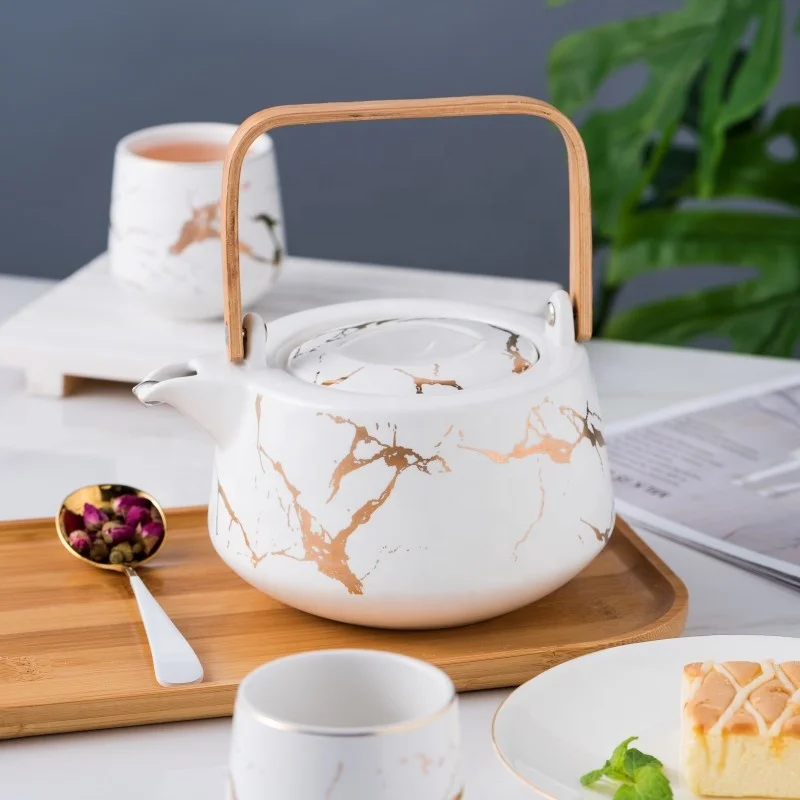 New Designs Marble Pattern Porcelain 6 Pieces Coffee Cup Ceramic Tea Pot Set