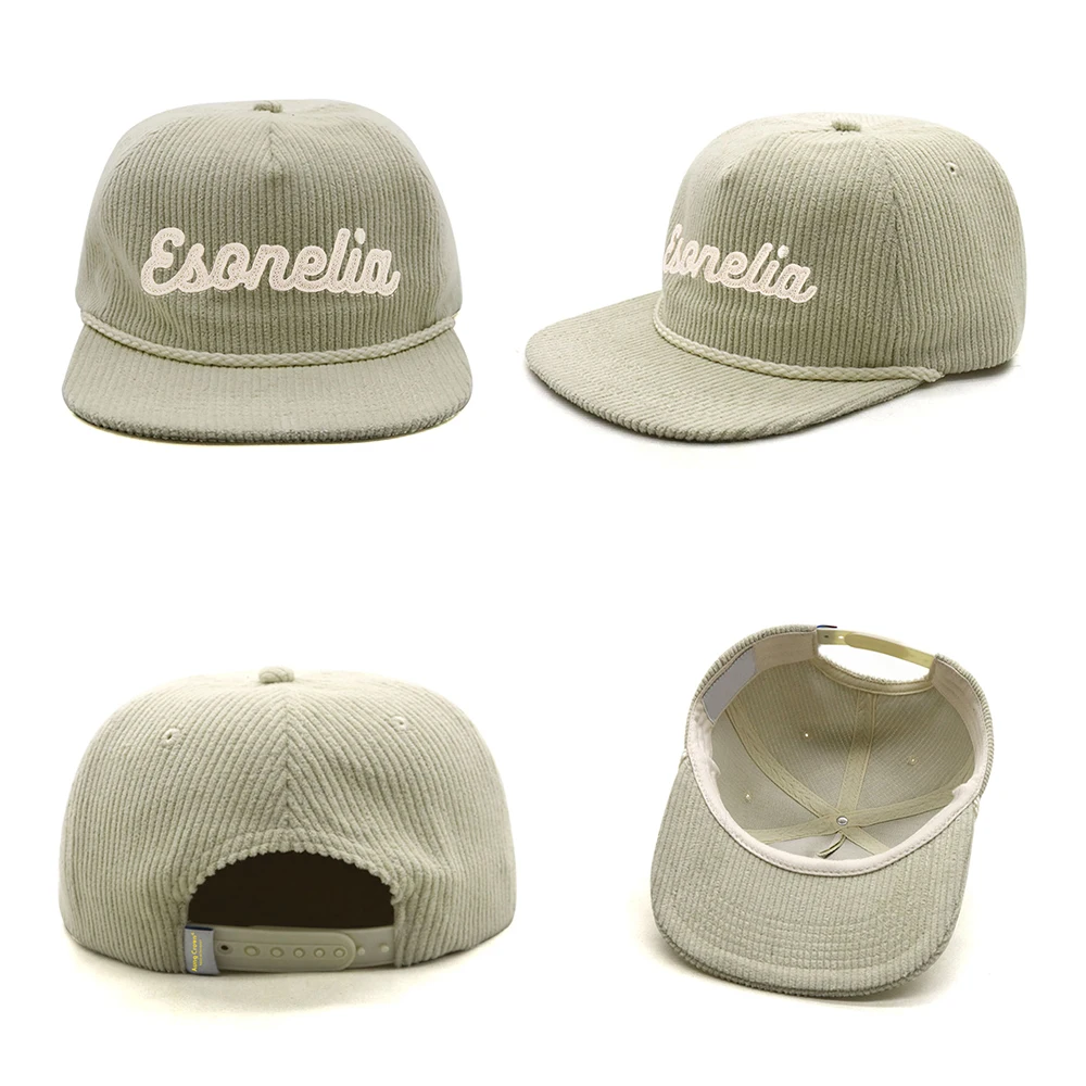 Custom Low Profile Unstructured Flat Bill Gorras 5 Panel Rope Corduroy Snapback Caps