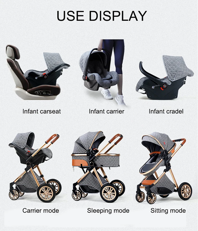 Multifunction 3 in 1 Baby Stroller High Portable Lightweight Travel Pram Foldable Linen & Alloy Material Five-Point Safety Belt