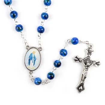 Catholic Rosary Small Size Round Blue Glass Beads Virgin Mary Jesus Cross Necklace Women