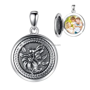 High Quality Memorial Jewelry 925 Sterling Silver Rhodium Plated Bee and Flower Design Round Photo Locket Women Necklace Pendant