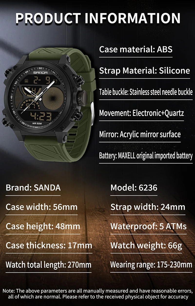 Sanda Outdoor Sports Waterproof Watch For Men Rugged Design With A Large Dial And Dual Display