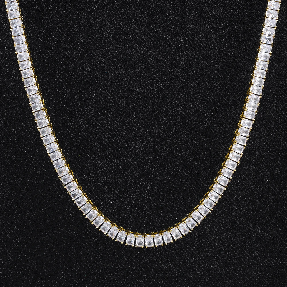 KRKC Drop Shipping 1pcs Service 4x6mm 14K Gold Plated Baguette CZ Diamond Tennis Necklace Chain Set