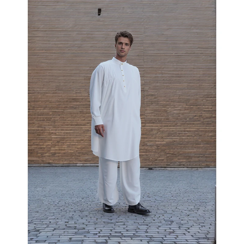 Modern White Thobe Shirt for Men Simple Long Arab Robe Breathable Muslim Clothing Islamic Wear