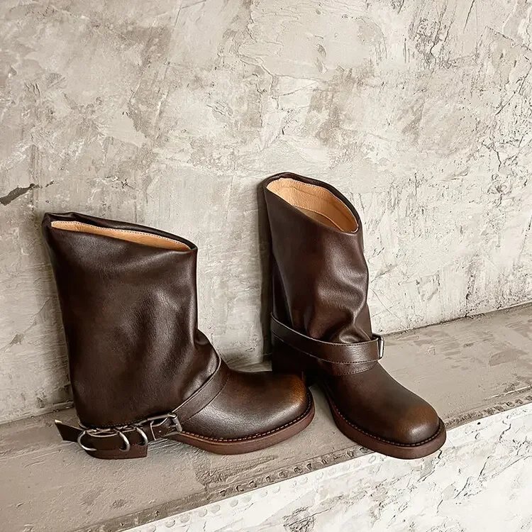 2024 Winter Cowhide Mid Calf Boots Vintage Genuine Leather Loose Fit 4.5cm Block Heel Women Western Boots - Image 4