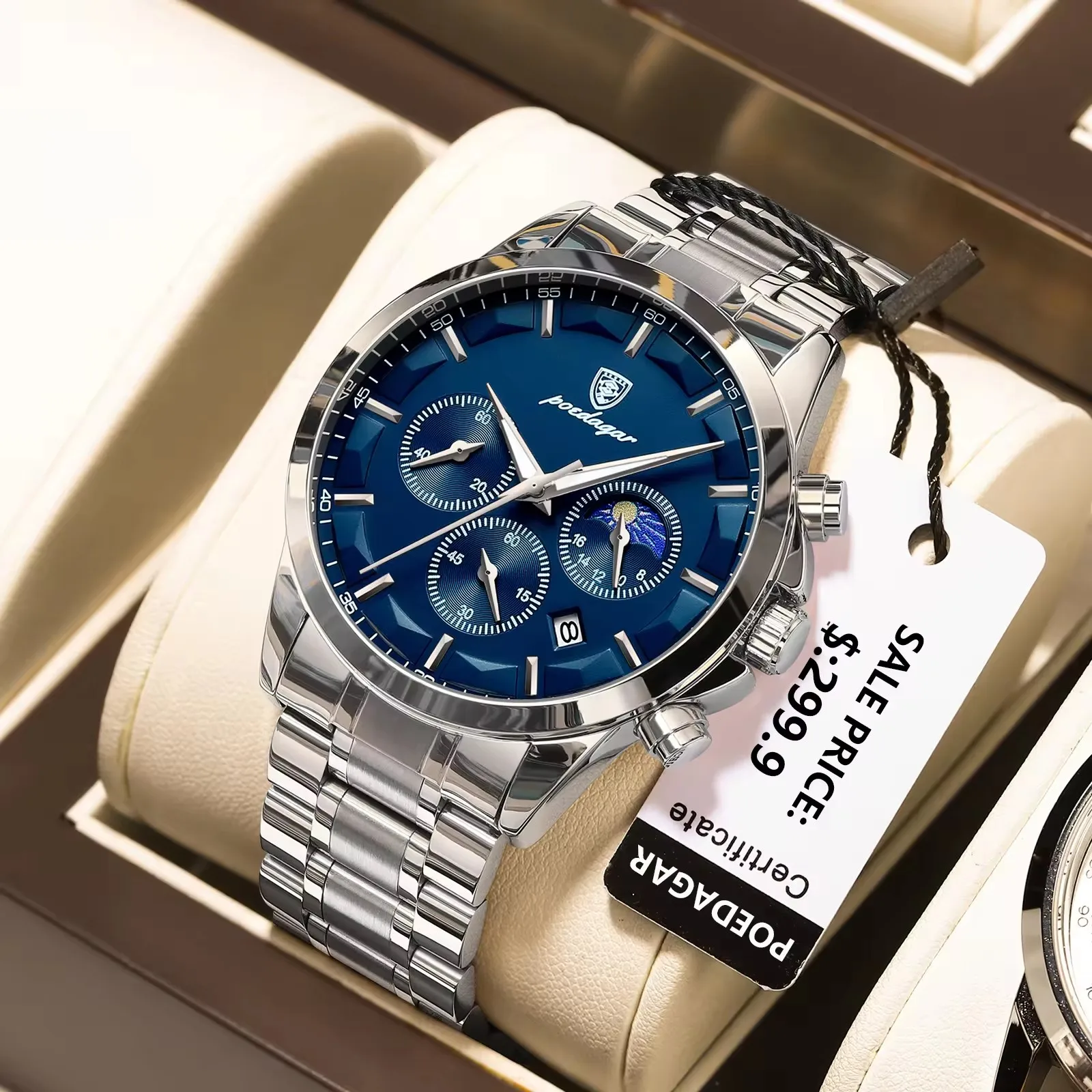 Orologio Uomo Lusso Bicolore Argento E Oro, Acciaio Inox, Movimento Al Quarzo, Quadrante Verde Con Cristalli E Numeri Romani, Impermeabile