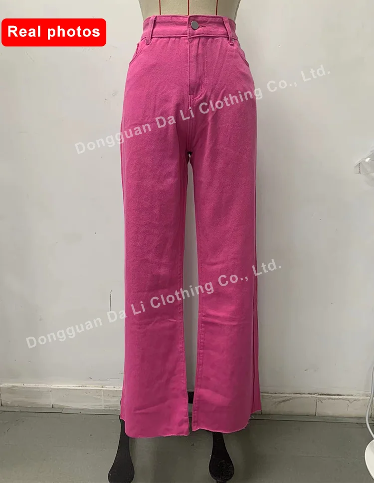Women Straight Leg Jeans Green Denim Pants High Waist Casual Cotton Pink  Orange Raw Edge Hem Candy Color Jean Pants for Women