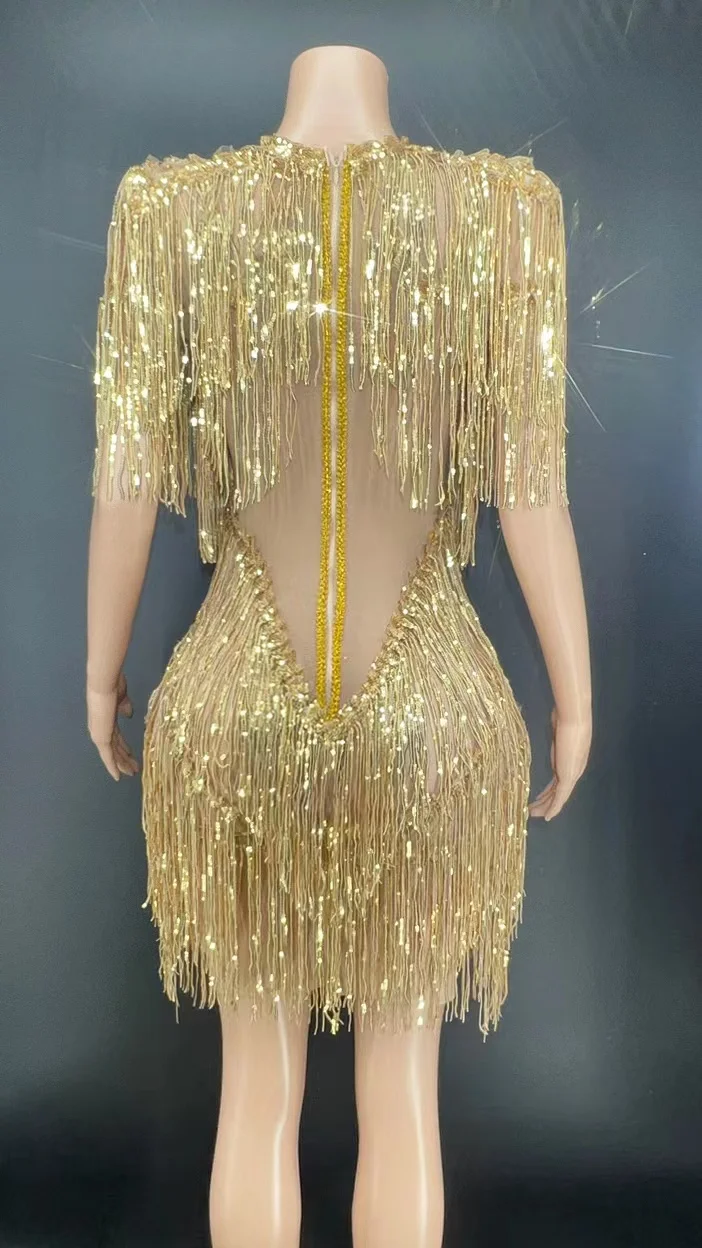 Singer Gold Sequin Fringed Wedding Party Dress Women Latin Dance Stage  Costume Tassel Club Prom Dresses