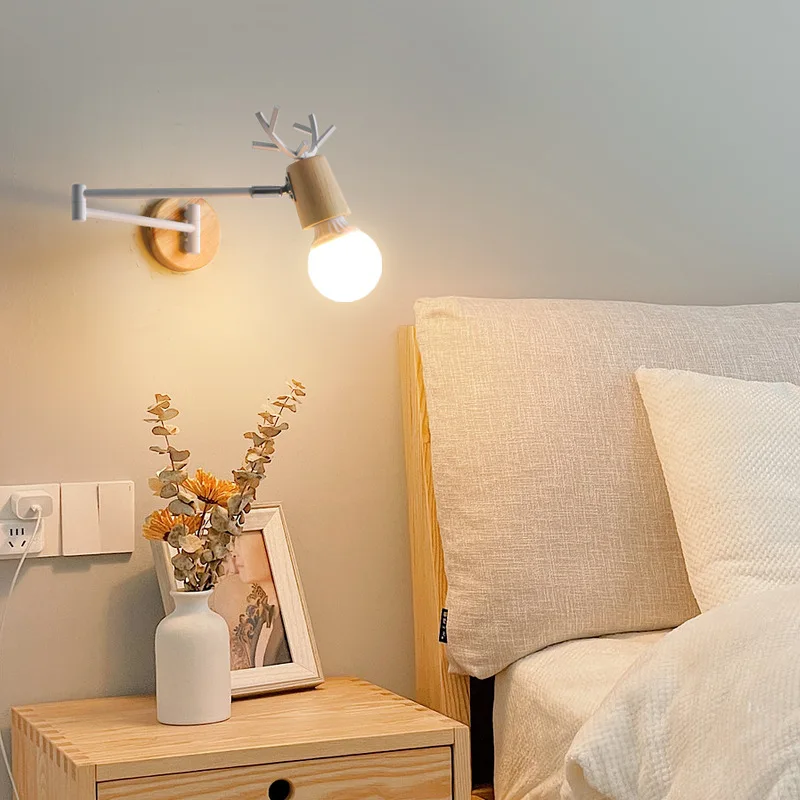 Modern E27 LED Lustre Wall Lamp Indoor Iron Wood Base with Rotatable Swing Design for Hotel or Bedroom Decoration - Image 3