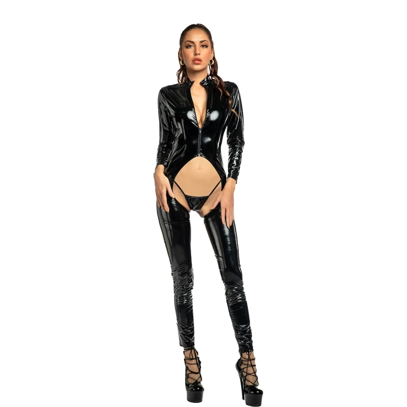 Women Patent Leather One Piece Crotchless Bodysuit Long Sleeve Zipper ...