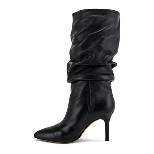Large Size Black PU Leather Ladies Stiletto Heel High Heels Pointed Toe Knee Boots Mid Calf Boots Women Shoes
