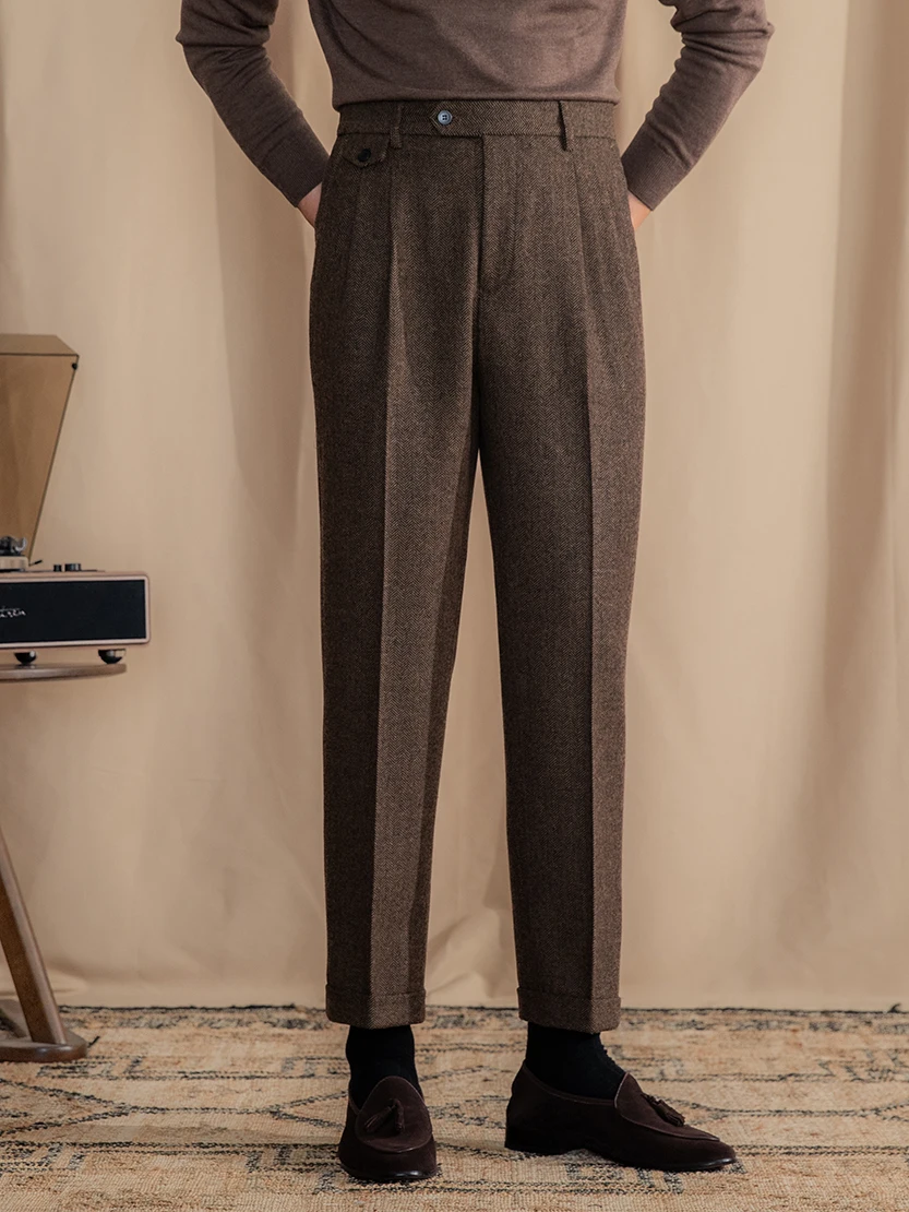 Classic ODM Men's Herringbone Wool Suit Pants Casual Winter Straight  Pattern Mid Waist Anti-Wrinkle Pleated Front Trousers