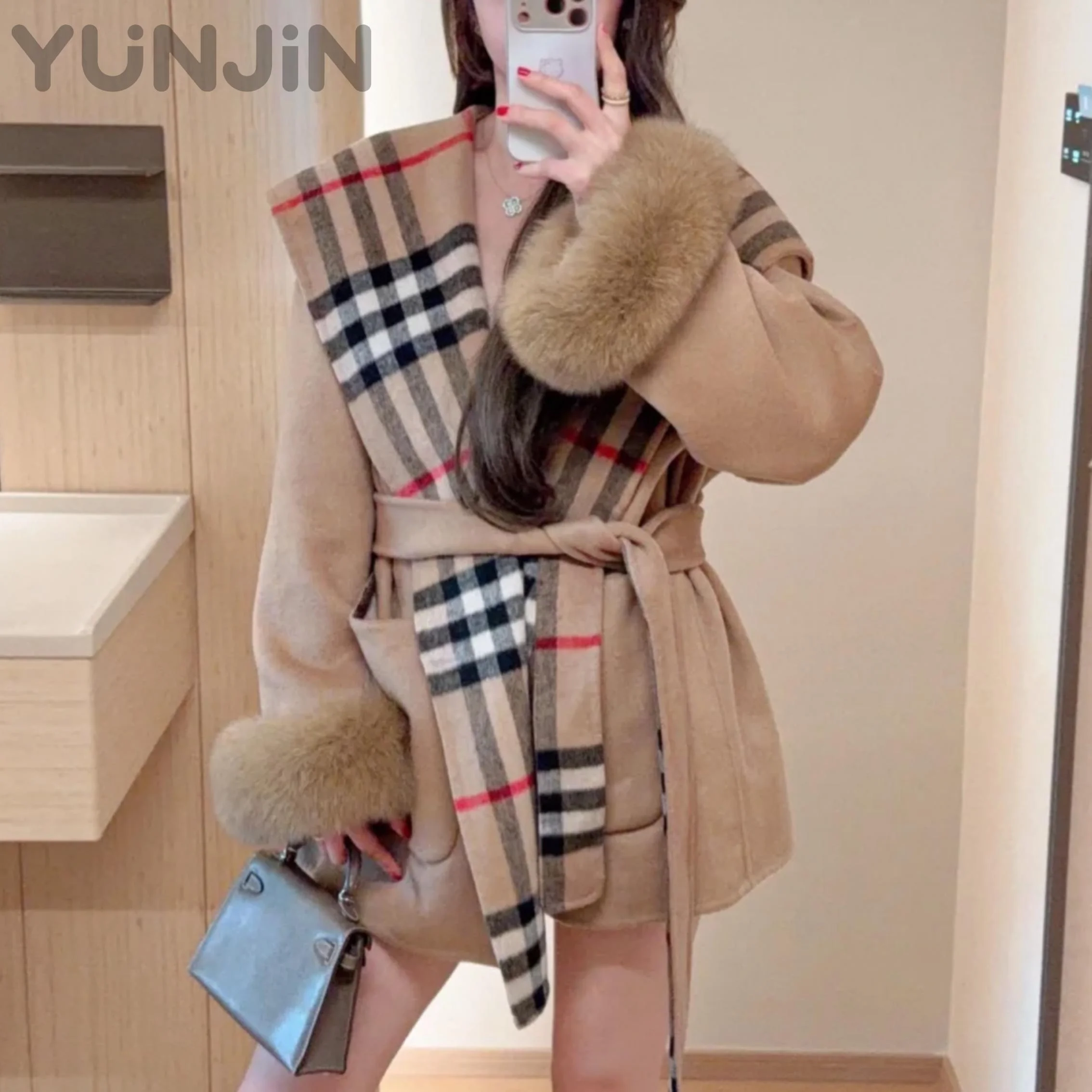 Women's Plaid Hooded Double-Faced Wool Coat Mid-Length Trench