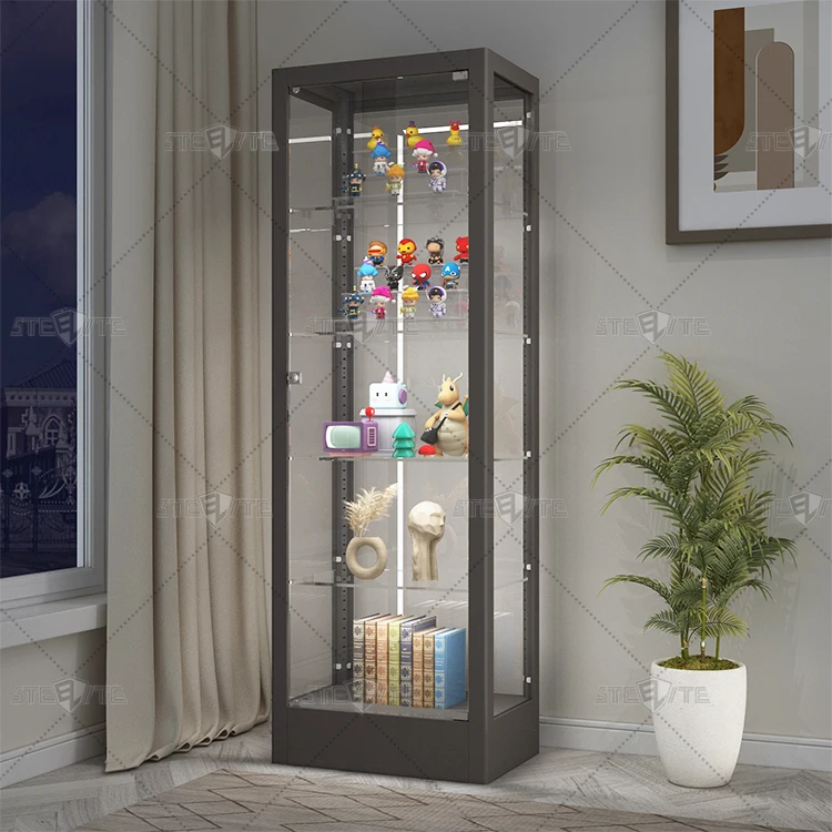 Glass Vitrine Display Showcase Customized Lockable Dustproof Corner Figure Car Model Showcase Design With LED Light