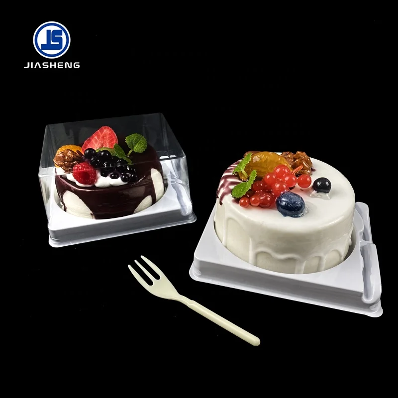 Custom Dessert Transparent Plastic 4 Inch Birthday Cake Container With Fork