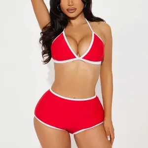 Huili Manufacturer Oem High Quality 2 Piece Shorts Beachwear Set Swimsuit Custom logo Print Color Block Trim Bikini for Women