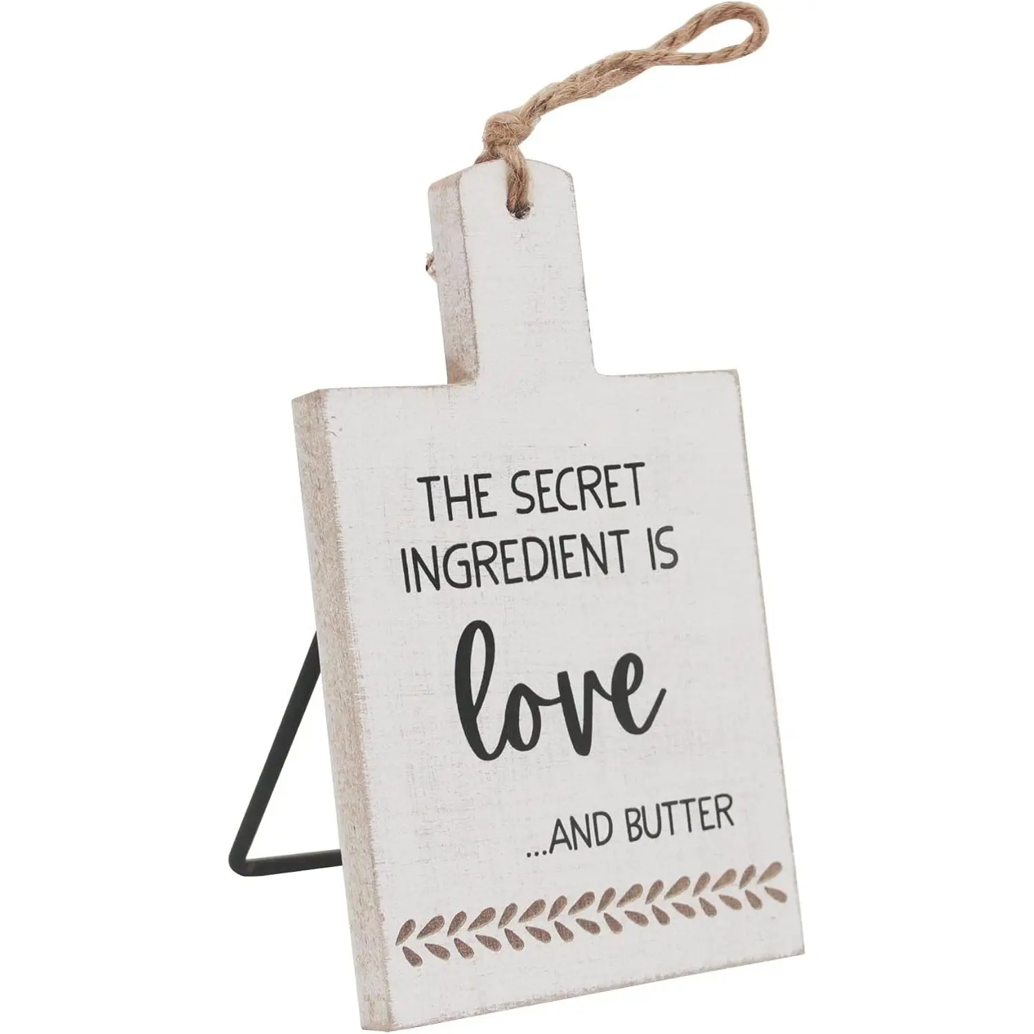 The Secret Ingredient is Love and Butter Warming Quote Wall Decor with Rope Hanger, Rustic Wall Hanging Sign, Wooden Wall Art Si