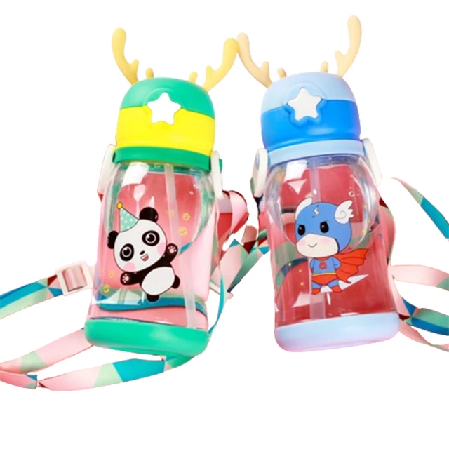 500ml Children Cute Cartoon Deer Antler Cup Portable Plastic Water Bottle with Shoulder Strap for Outdoor Travel