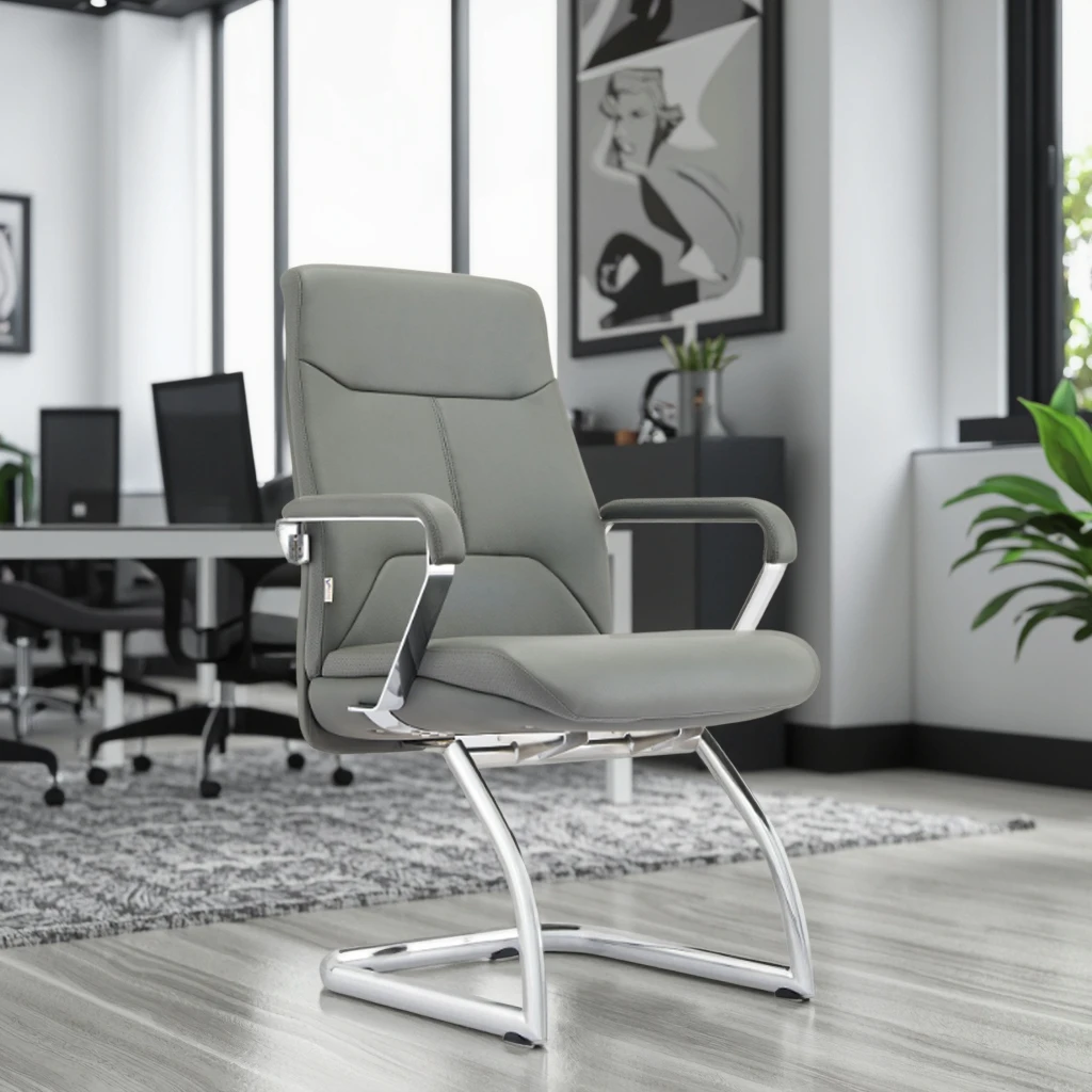 Modern Executive Leather Chrome Frame Desk Chair Fixed Headrest Adjustable Height Swivel Solid Back Aluminium Base Office 4