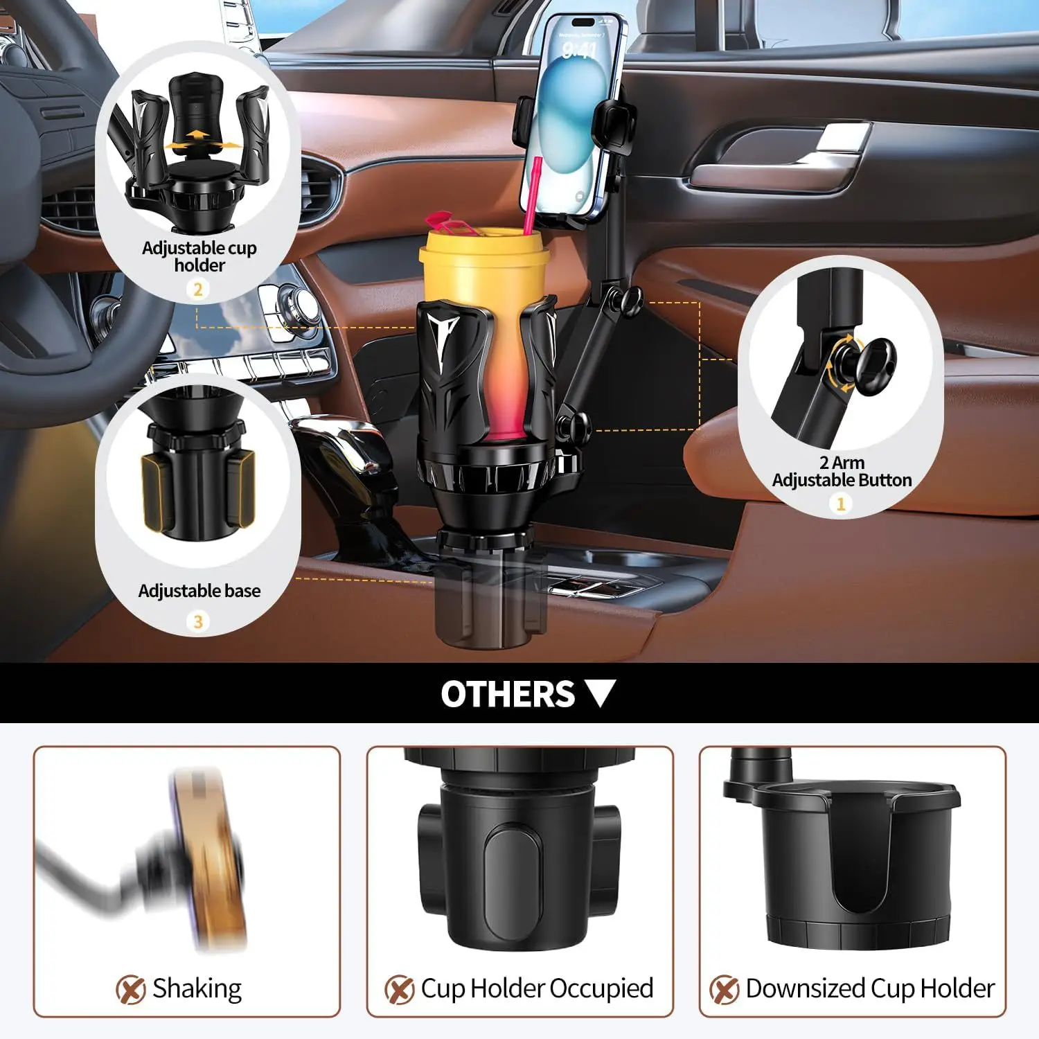 Car Cup Holder Phone Mount Extender - 2-in-1 Universal Phone Holder for Car Navigation
