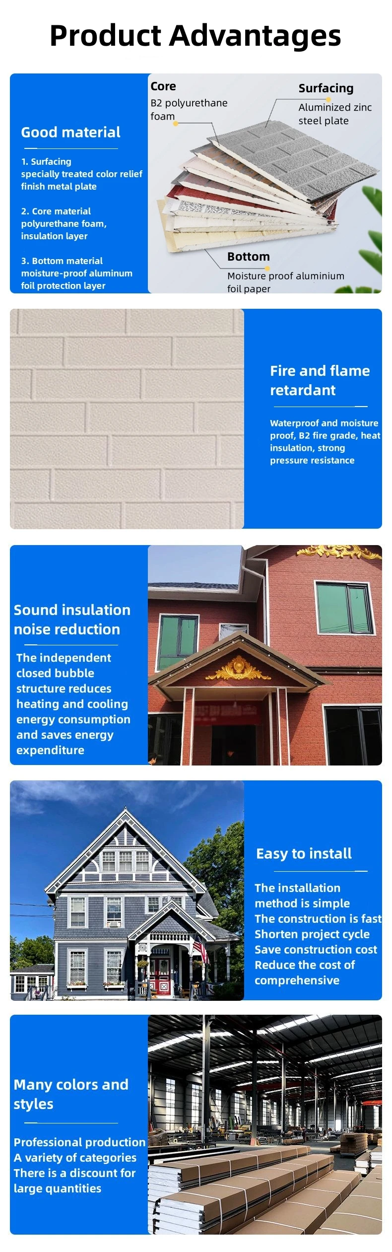 Decorative PU faux brick wall cladding fireproof polyurethane foam sandwich panels insulated metal seamless wall panels manufacture