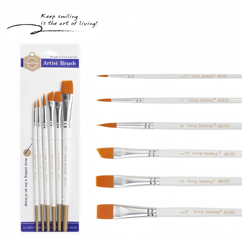 Keep Smiling Set of 6 Nylon Hair Wooden Handle Acrylic Oil Paint Brushes Set for Art Painting