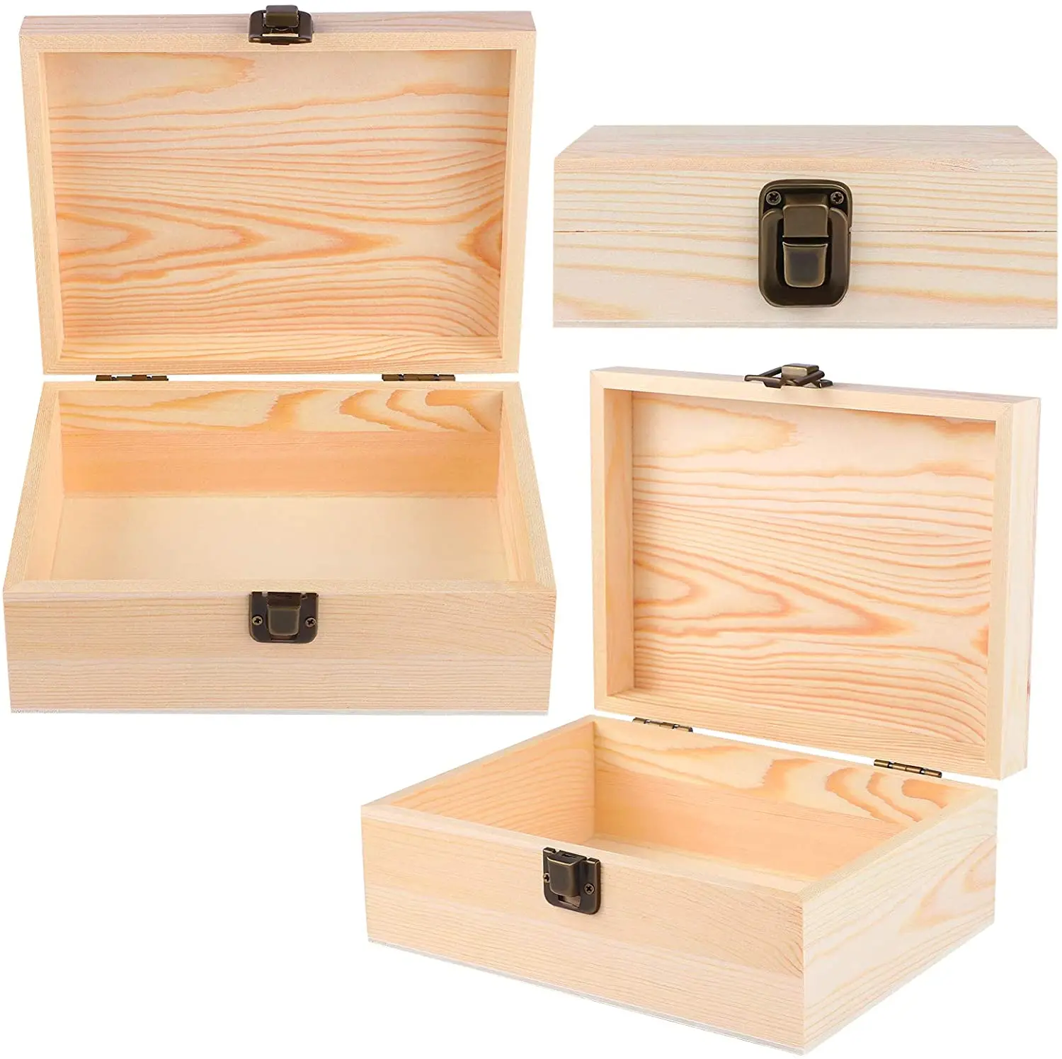 3 Pack Unfinished Wood Craft Treasure Chest Decorative Wooden Box Pine ...