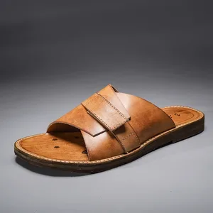 New Luxury  Handmade Retro Head Layer Cowhide Slippers Men's Summer Senior Leisure Velcro Sandal