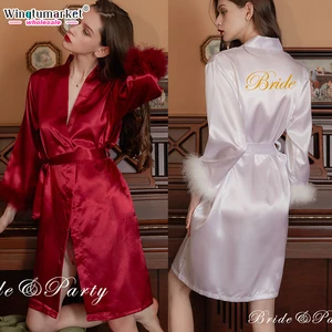 Wholesale Satin Bathrobe Designer Feather Robes Long Sleeve Wedding Marriage Bridal Bridesmaid Robe Femme