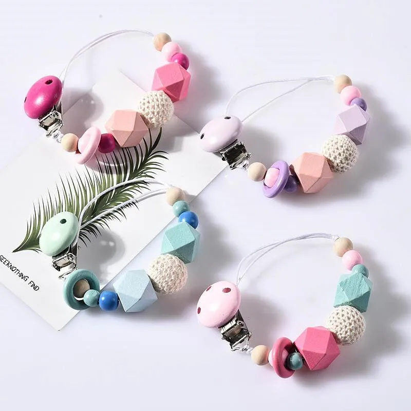 Baby Wooden Beaded Pacifier Holder Clip Baby Nipple Teether Dummy Strap Chain 6A 