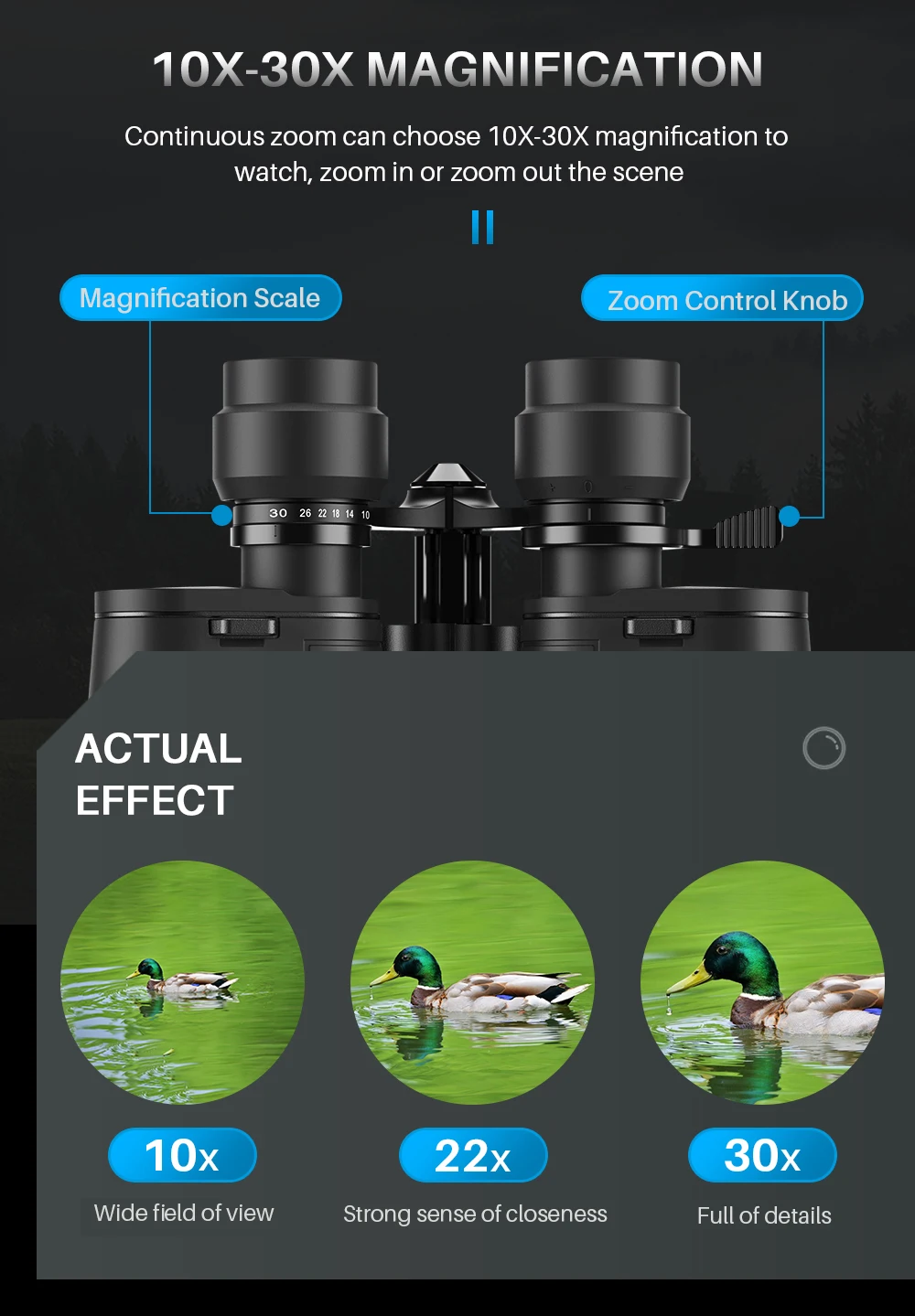 Apexel New Arrival Compact Zoom 10-30X50 Porro Binoculars Long Distance Low Night Vision FMC Coating Adult Binoculars
