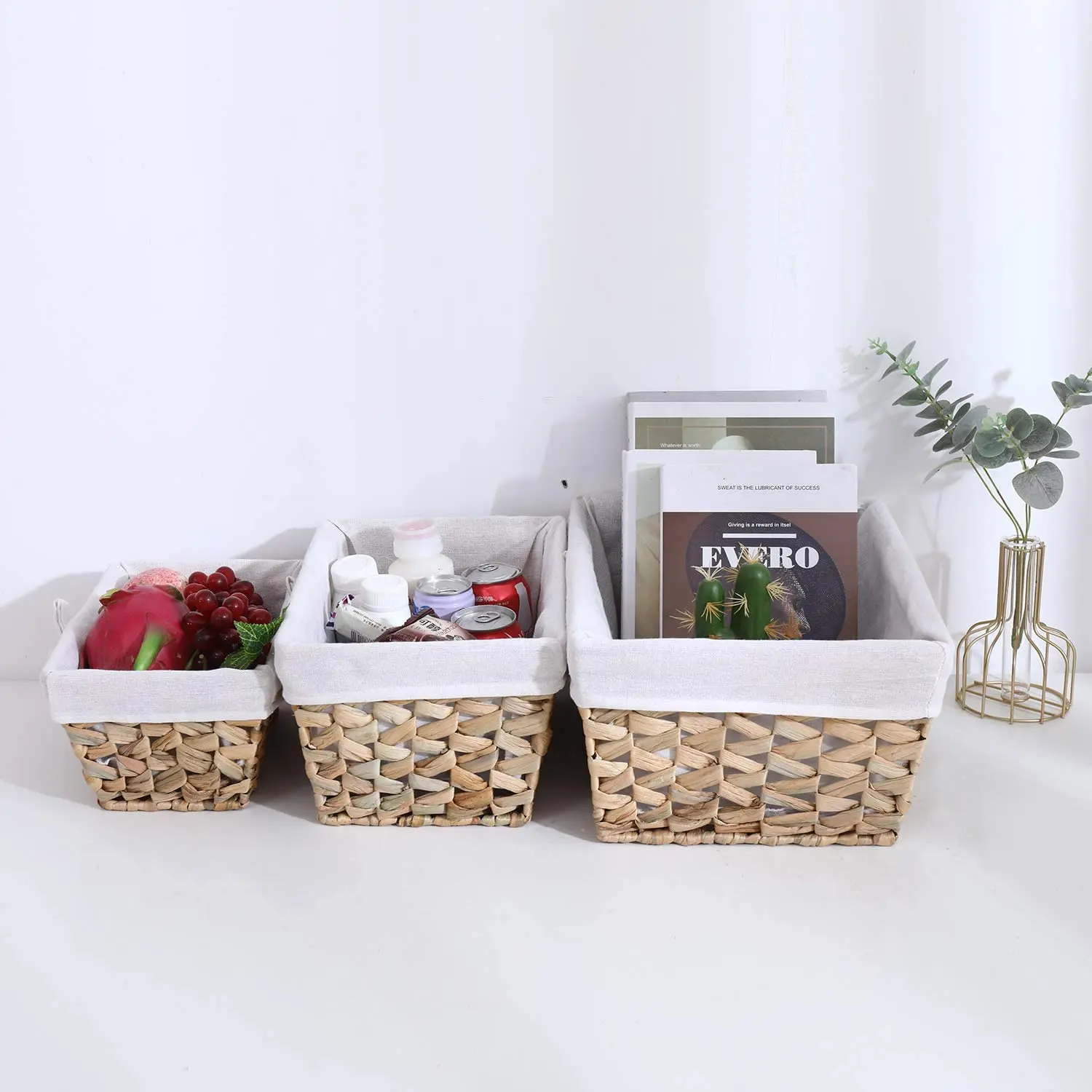 Eco Friendly Rectangular Water Hyacinth Woven Storage Baskets for Organizing Straw Rope Woven Storage Baskets Set of 3