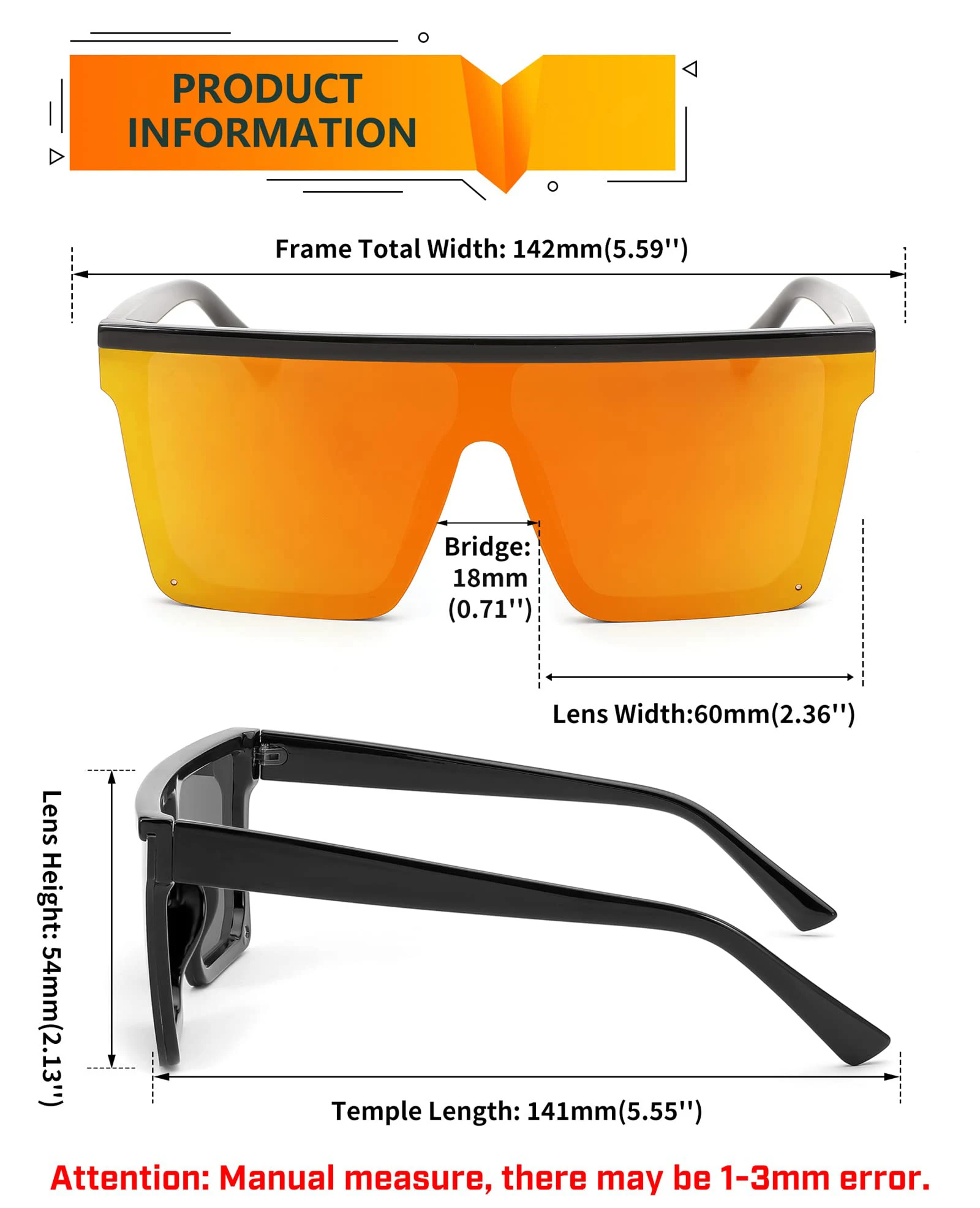1871 Oversized Square Sunglasses - Unisex Big Flat Top 