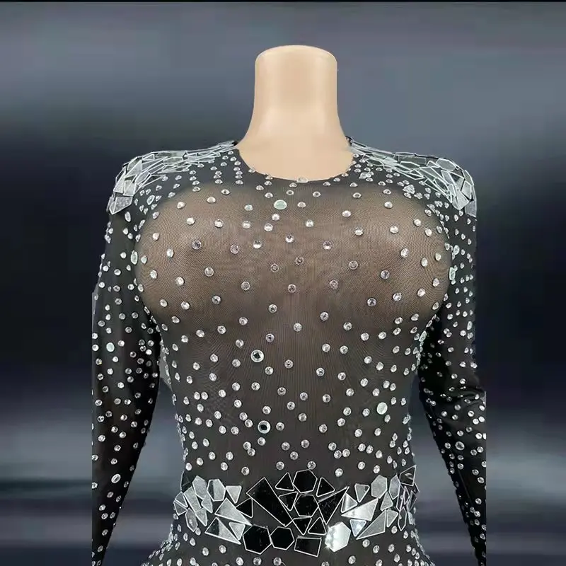 Блестящее платье со стразами полупрозрачное бальное с высоким разрезом роскошная одежда для