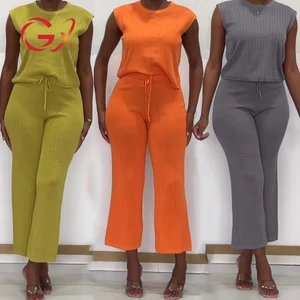 GX3316 High Quality Contrasting Colors O-Neck Sleeveless T-shirt and Casual Wide-leg Pants 2 Piece Set Women's Knit Outfit