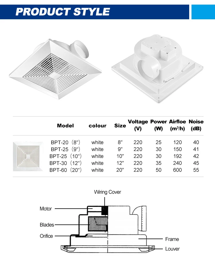 Modern Style Indoor Bathroom Ceiling Mount Duct Suction Ventilation Fan