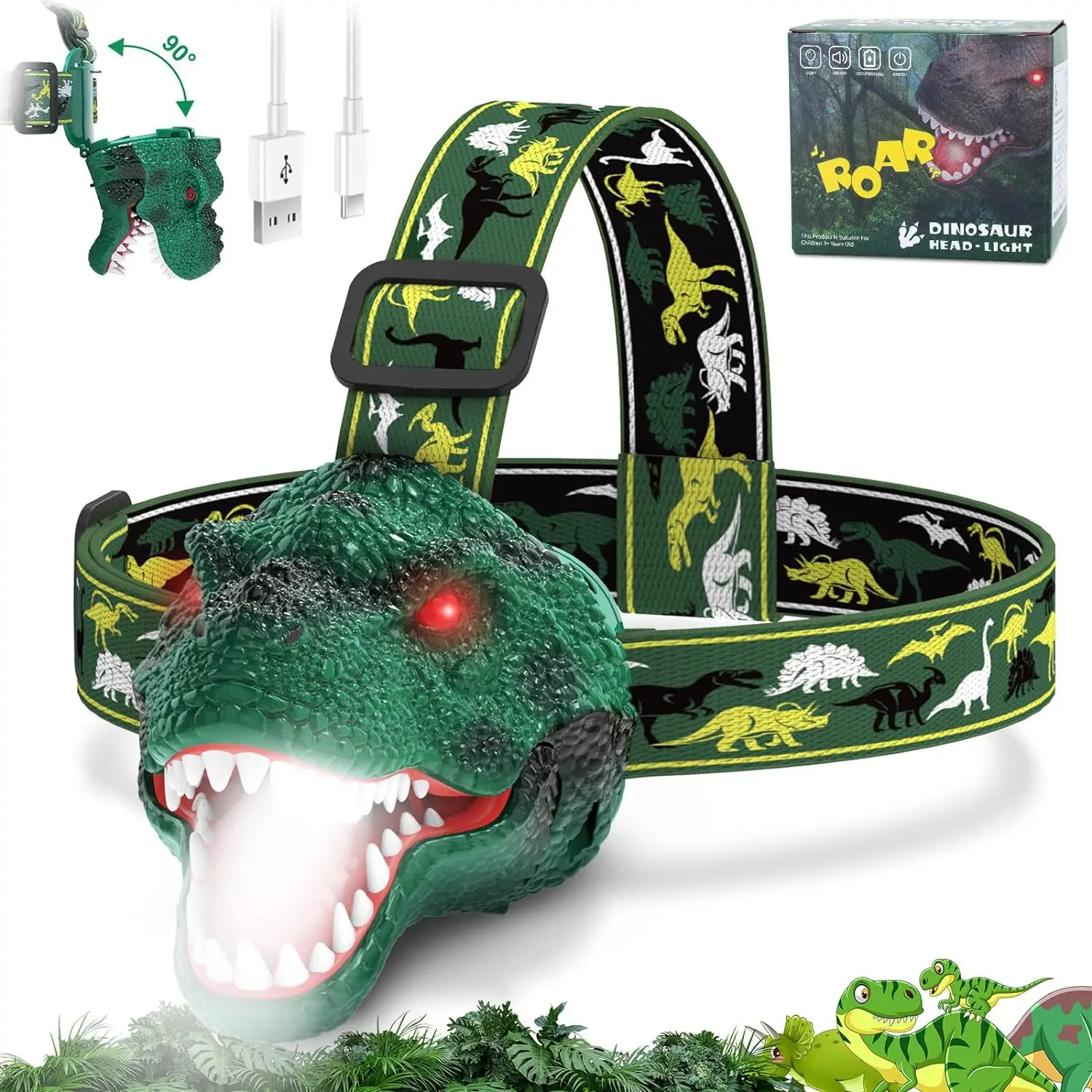 Dinosaur Flashlight Rechargeable Led Headlights Roar & Silent Mode Camping Gear Gifts for Boys Girls Adults Headlamp for Kids