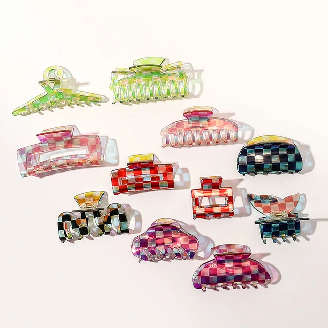 Korean retro checkerboard cellulose acetate hair clip claw Girls colorful large shark hair clip Female bling hair claw clips