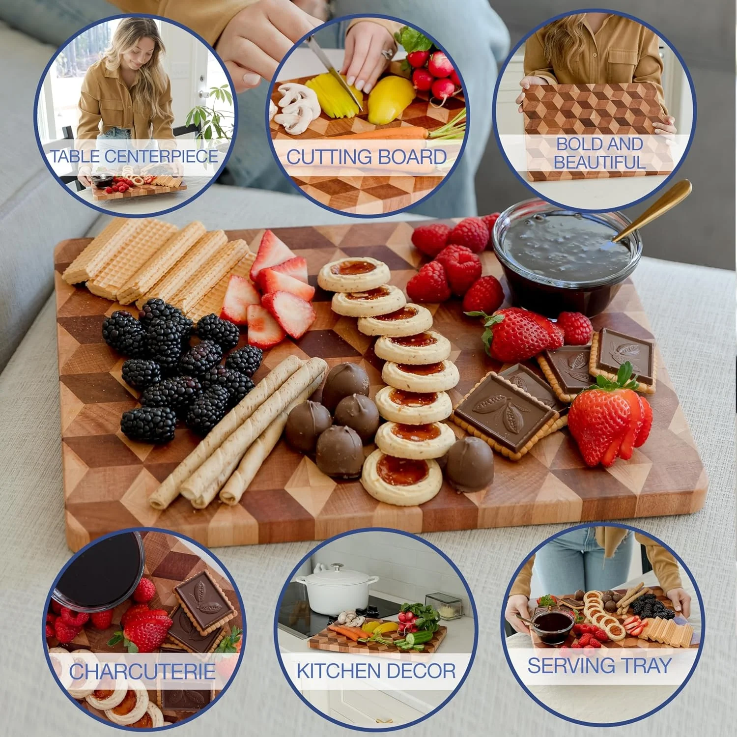 Handmade 3D Checkered Cutting Board with Feet End Grain Wooden Chopping Board Butcher Block