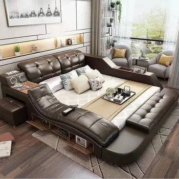 Multifunctional Genuine Leather Smart Bed Room Furniture Upholstery King Size Bed